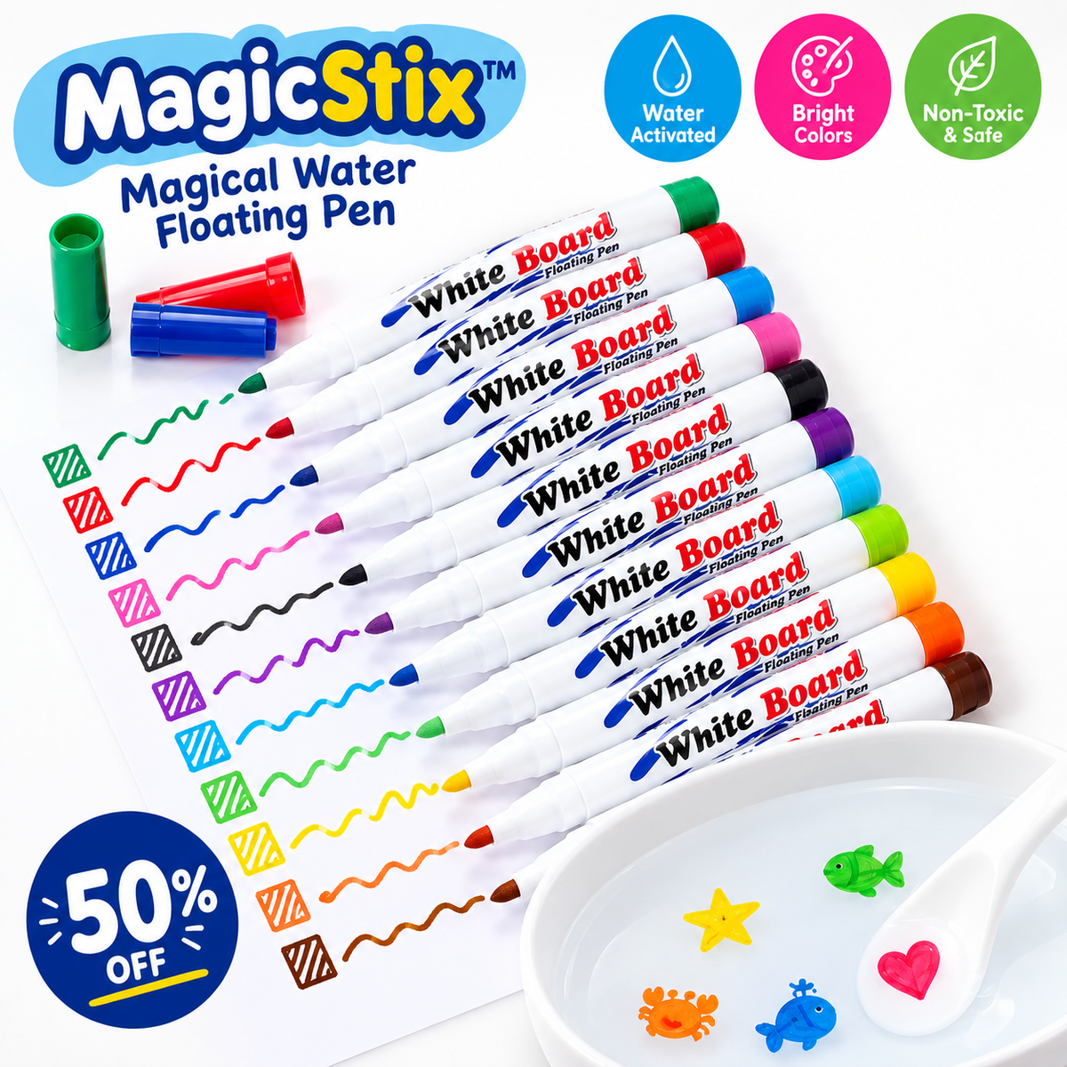 Magical Water Floating Pens – 12 Pack | Floating Dry Erase Markers for Kids